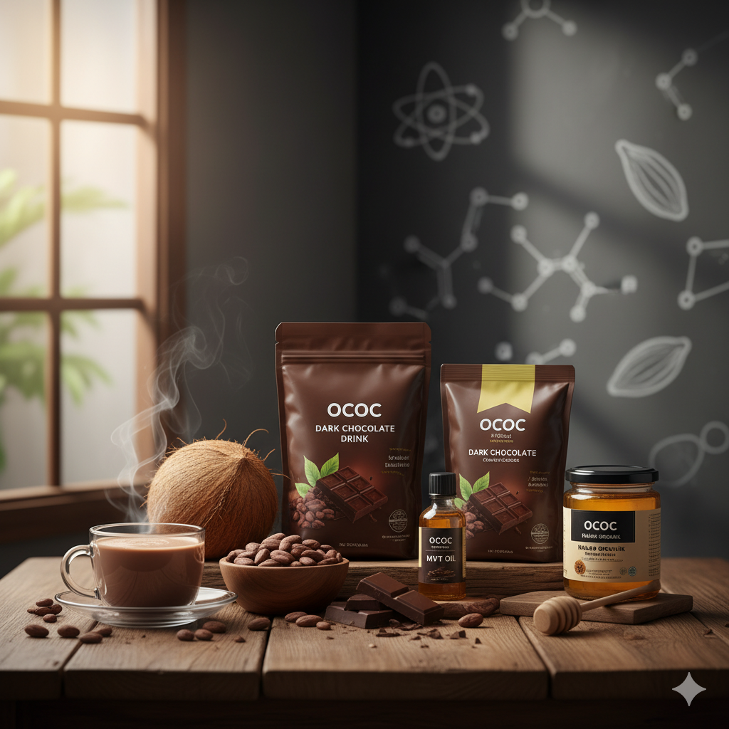 Bahan-bahan semulajadi OCOC Dark Chocolate, menekankan kualiti dan kepercayaan produk