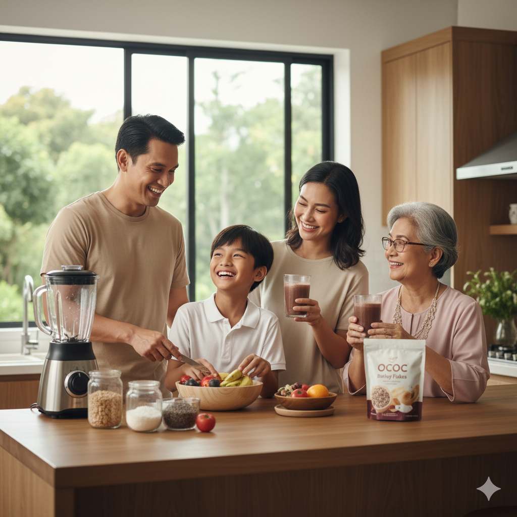 Keluarga Malaysia gembira,  minda hebat dan sihat bahagia di dapur, menyediakan sarapan bersama produk OCOC Dark Chocolate Dr. Rizal.